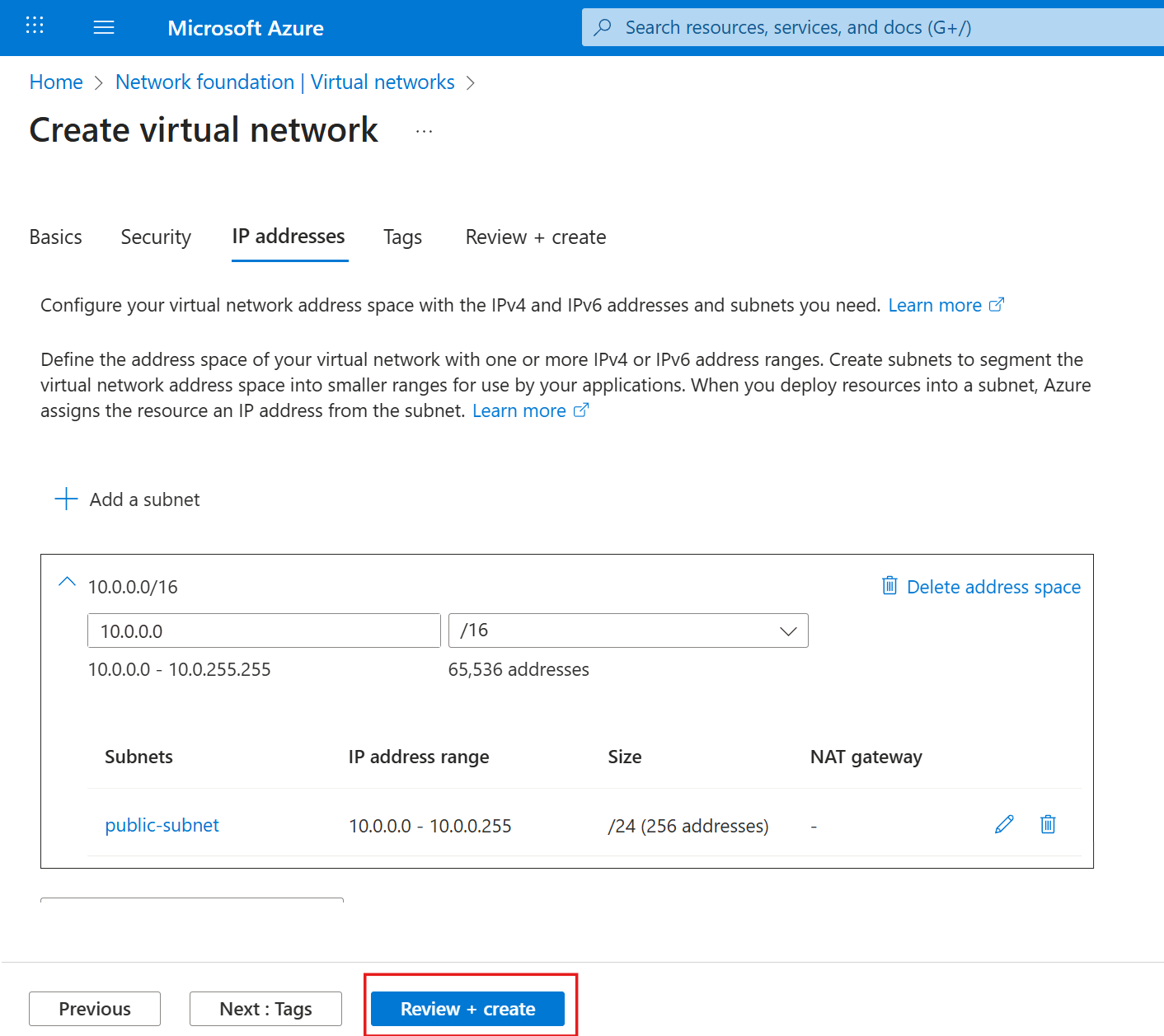 finish creating subnets