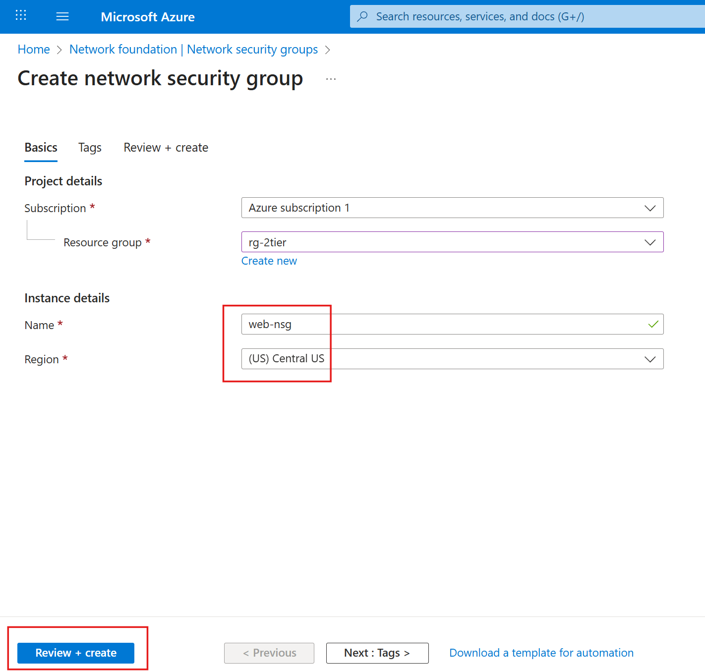 create network security group
