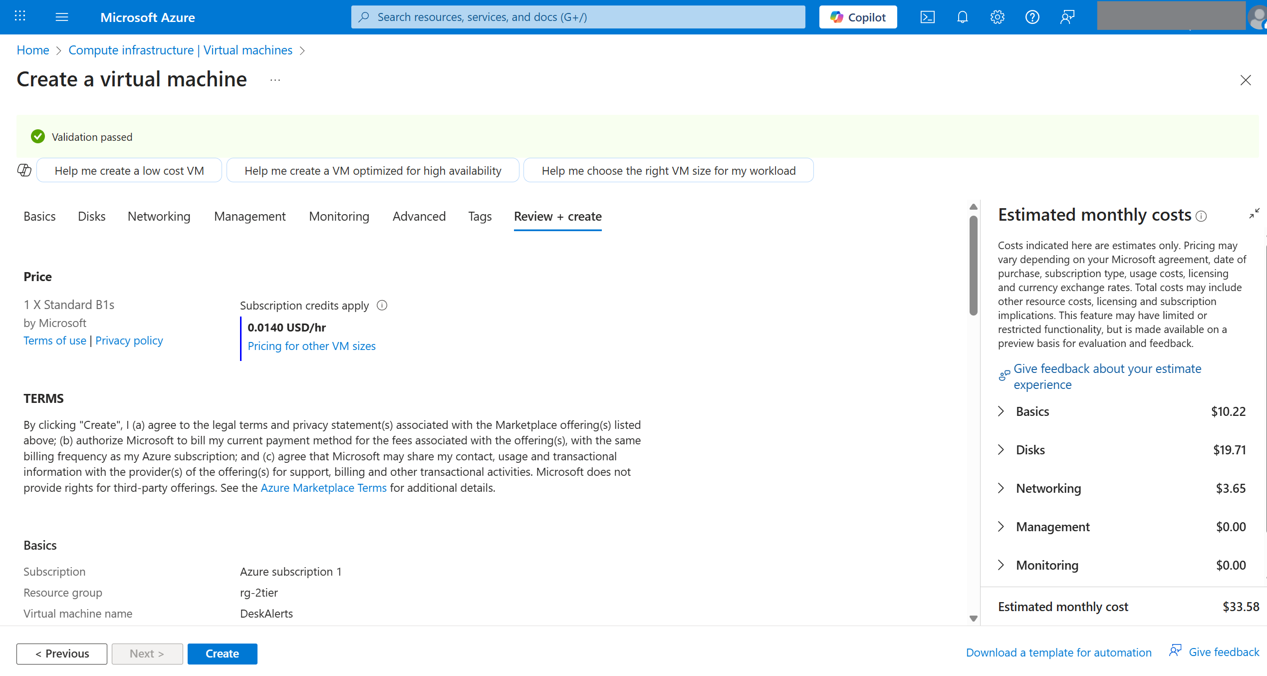 review and create vm
