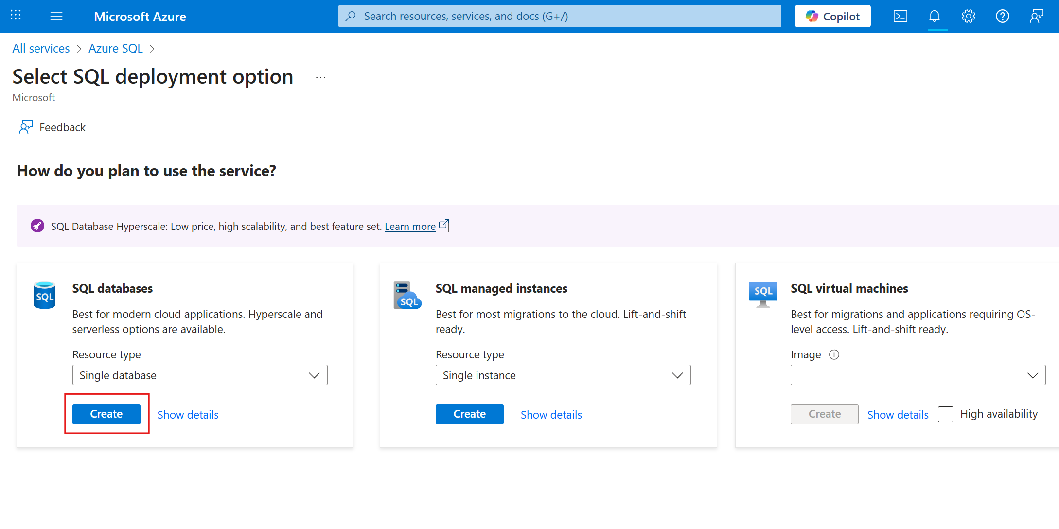 create azure sql instance