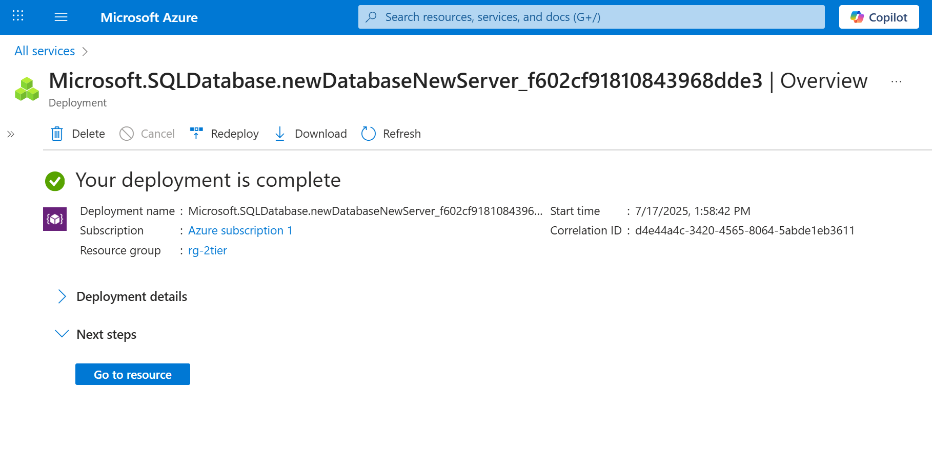 sql database created